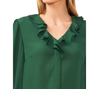 CeCe Women's Wear to Work Long Sleeve Ruffled V-Neck Blouse with Hidden Placket