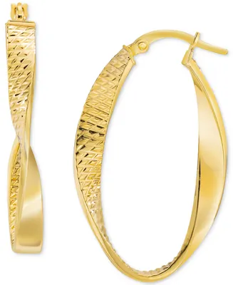 Polished Textured Twist Oval Hoop Earrings in 14k Gold