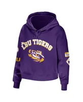 Women's Wear by Erin Andrews Purple Lsu Tigers Mixed Media Cropped Pullover Hoodie