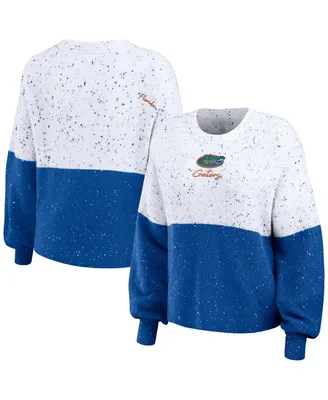 Women's Wear by Erin Andrews White, Royal Florida Gators Colorblock Script Pullover Sweater