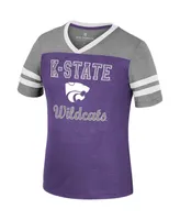 Big Girls Colosseum Purple, Heather Gray Kansas State Wildcats Summer Striped V-Neck T-shirt