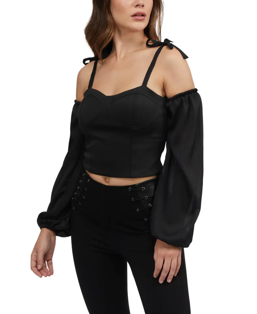 Bebe Women's Long Sleeve Mesh Top with Faux Leather Bustier