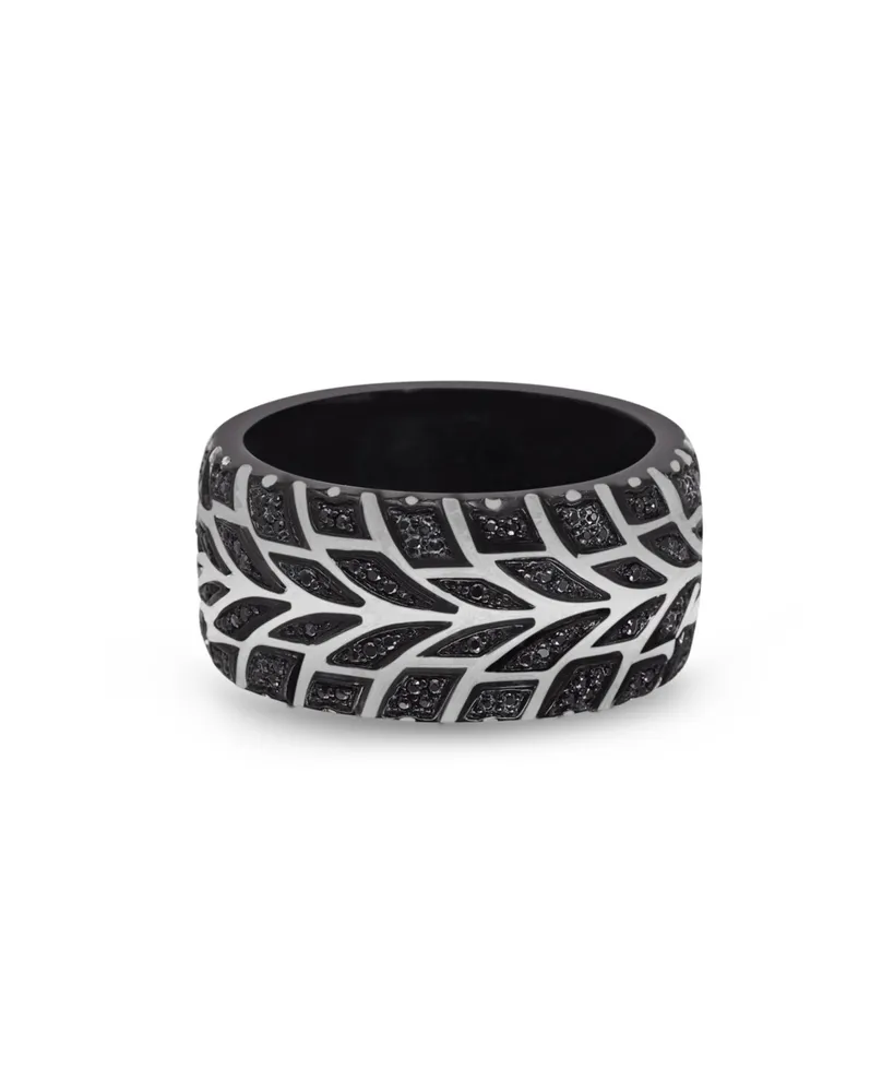 LuvMyJewelry Racer Swag Design Tire Tread Rhodium Plated Sterling Silver Black Diamond Ring