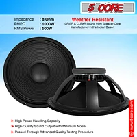 5 Core 18 Inch Subwoofer Speaker 500W Rms Full Range Raw Pro Audio Dj Sub-Woofer Fr 18 190 Al