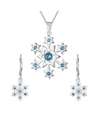 Bling Jewelry Blue Holiday Party Jewelry Set with Cz Cubic Zirconia Snowflake Dangle Earrings, Pendant Necklace, or Brooch Christmas Pin