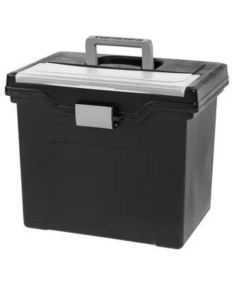 Portable Letter Size File Box with Built-In Organizer Lid and Handle for Hanging Folders, Large, Black