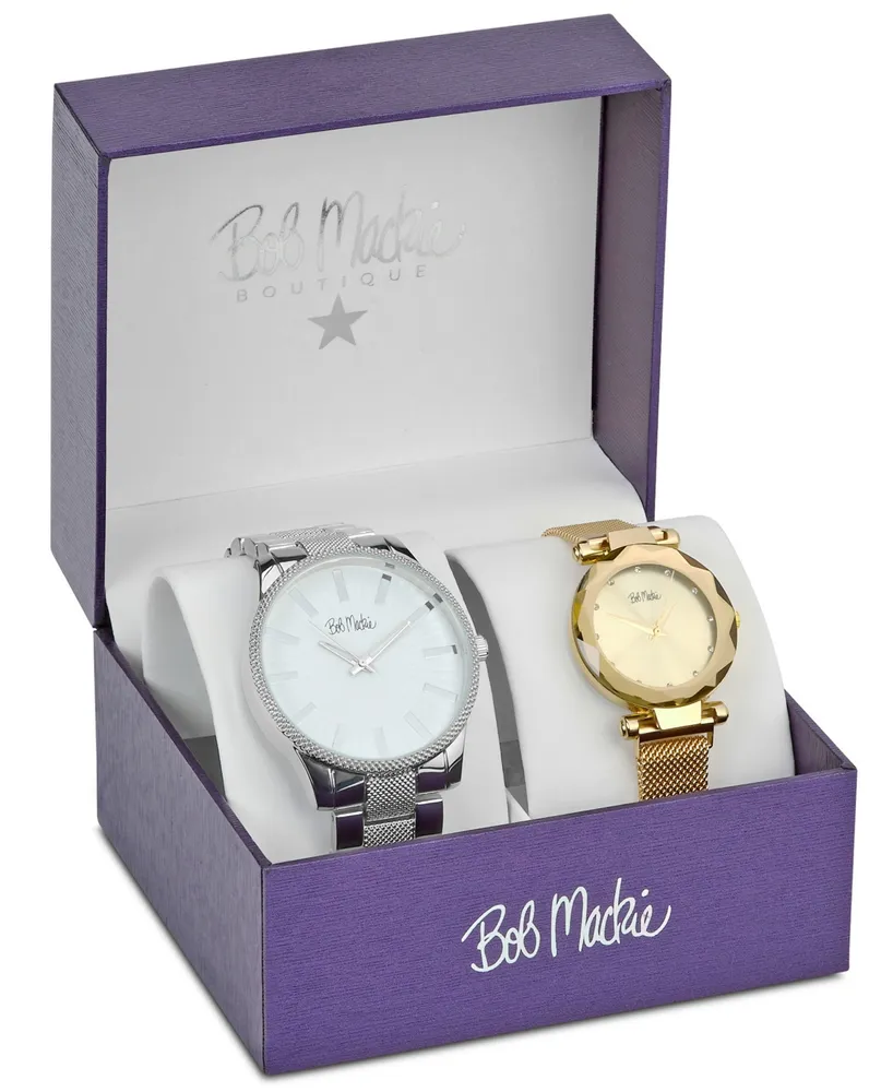 Bob Mackie Men's and Women's Quartz Silver-Tone and Gold-Tone Alloy 2 Piece Watch Set, 45mm and 33mm