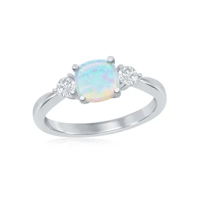 Sterling Silver Square Opal and Round Cz Ring