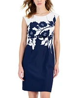 Connected Petite Printed Cap-Sleeve Belted Sheath Dress