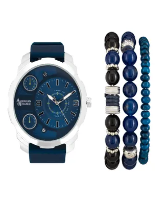American Exchange Men's Quartz Navy Rubber Strap Watch 55mm 3 Pieces Bracelets Gift Set