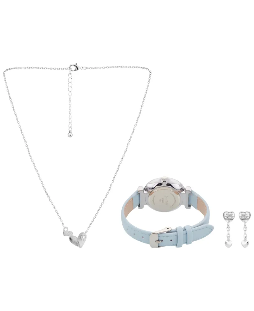 Jessica Carlyle Women's Analog Light Blue Polyurethane Leather Strap Watch 33mm with Necklace Earring Set