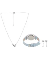 Jessica Carlyle Women's Analog Light Blue Polyurethane Leather Strap Watch 33mm with Necklace Earring Set
