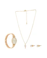 Jessica Carlyle Women's Analog Shiny Gold-Tone Metal Bracelet Watch 34mm with Necklace Earring Set