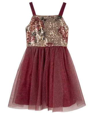 Pink & Violet Big Girls Printed Sequin Bodice with Glitter Mesh Skirt Party Dress