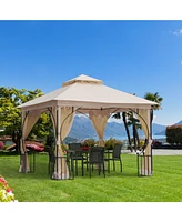 Outsunny 10' x 10' Patio Gazebo, Outdoor Canopy Pavilion with Mesh Netting Sidewalls, 2-Tier Polyester Roof, & Steel Frame, Beige