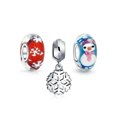 Christmas Snowman Snowflake Murano Glass Mix Set Of 3 Sterling Silver Spacer Dangle Bead Bundle Fits European Charm Bracelet