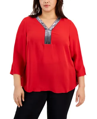 Jm Collection Plus Size Sequined-Neck 3/4-Sleeve Top