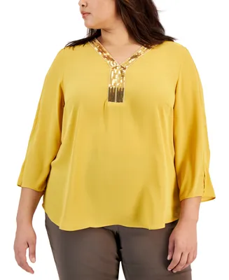 Jm Collection Plus Size Sequined-Neck 3/4-Sleeve Top, Created for Macy's