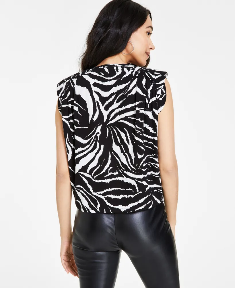 Bar Iii Women's Printed Cotton Pleated-Shoulder Top, Created for Macy's