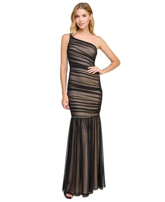 B Darlin Juniors' Mesh Ruched One-Shoulder Gown