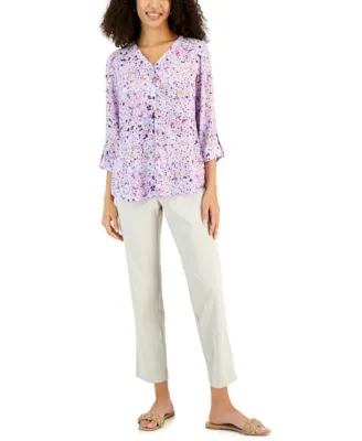 Jm Collection Womens Printed Utility Top Woven Pull On Pants Created For Macys