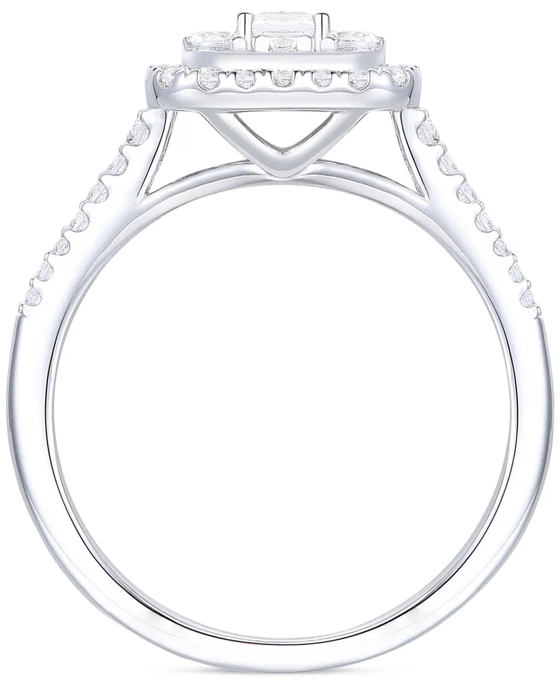 Diamond Princess & Round Halo Ring (1 ct. t.w.) in 14k White Gold