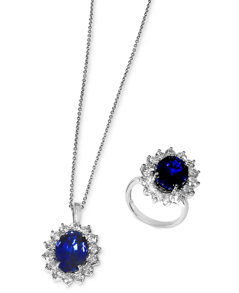 Effy Lab Grown Sapphire (6-5/8 ct.t.w.) & Lab Grown Diamond (2-1/20 ct. t.w.) Halo Ring in 14k White Gold