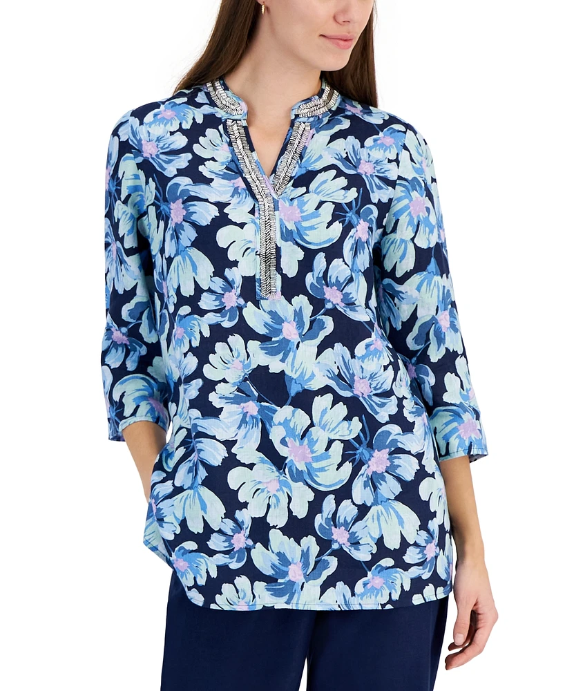 Charter Club Petite 100% Linen Bloom Print Split-Neck Tunic, Created for Macy's