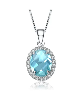 Sterling Silver White Gold Plated Oval Ice Blue Cubic Zirconia Solitaire with Halo Necklace