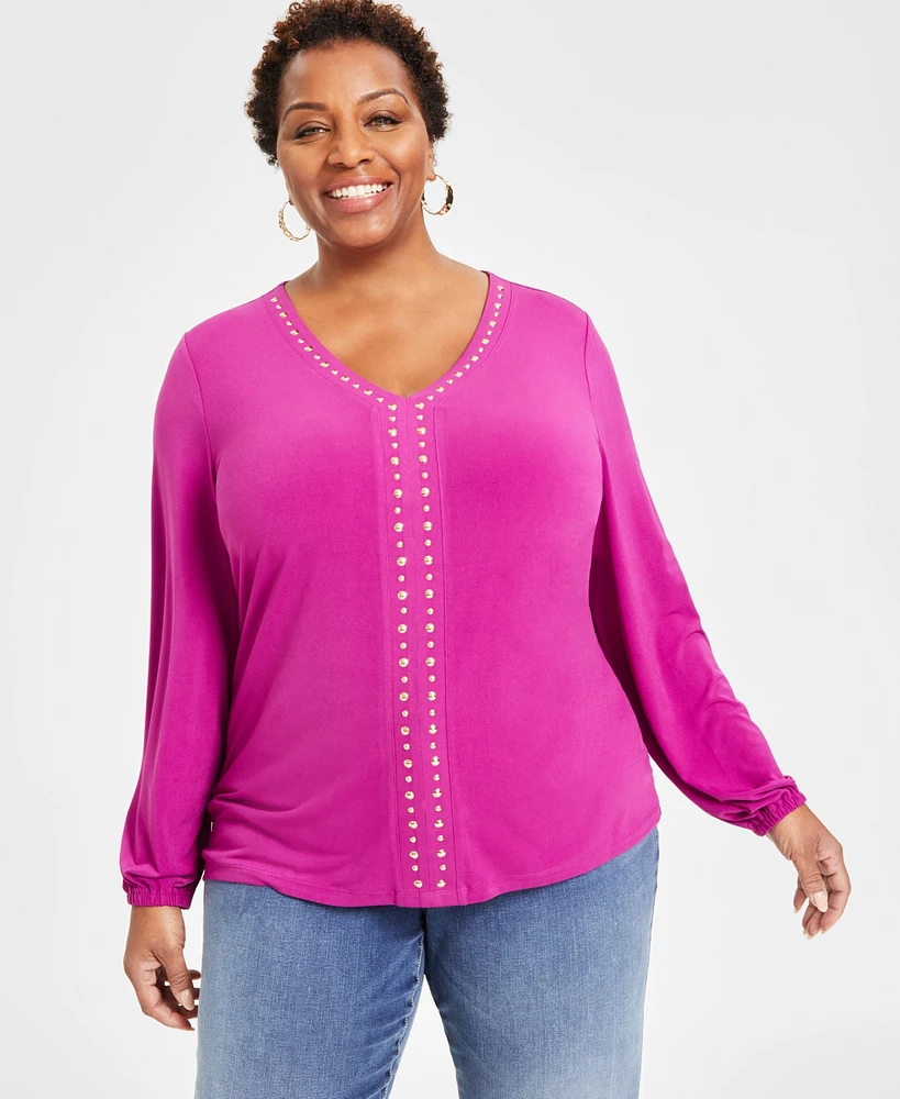 I.n.c. International Concepts Plus Studded V-Neck Blouson-Sleeve Top, Created for Macy's