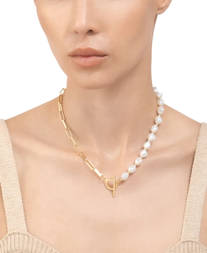 Adornia 14k Gold-Plated Imitation Pearl & Paperclip Chain 17" Toggle Necklace