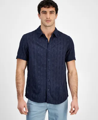 Guess Men's Textured Embroidered Button-Front Short Sleeve Shirt