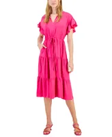 Robbie Bee Women's Flutter-Sleeve Tie-Waist Tiered Side-Pocket Midi Dress