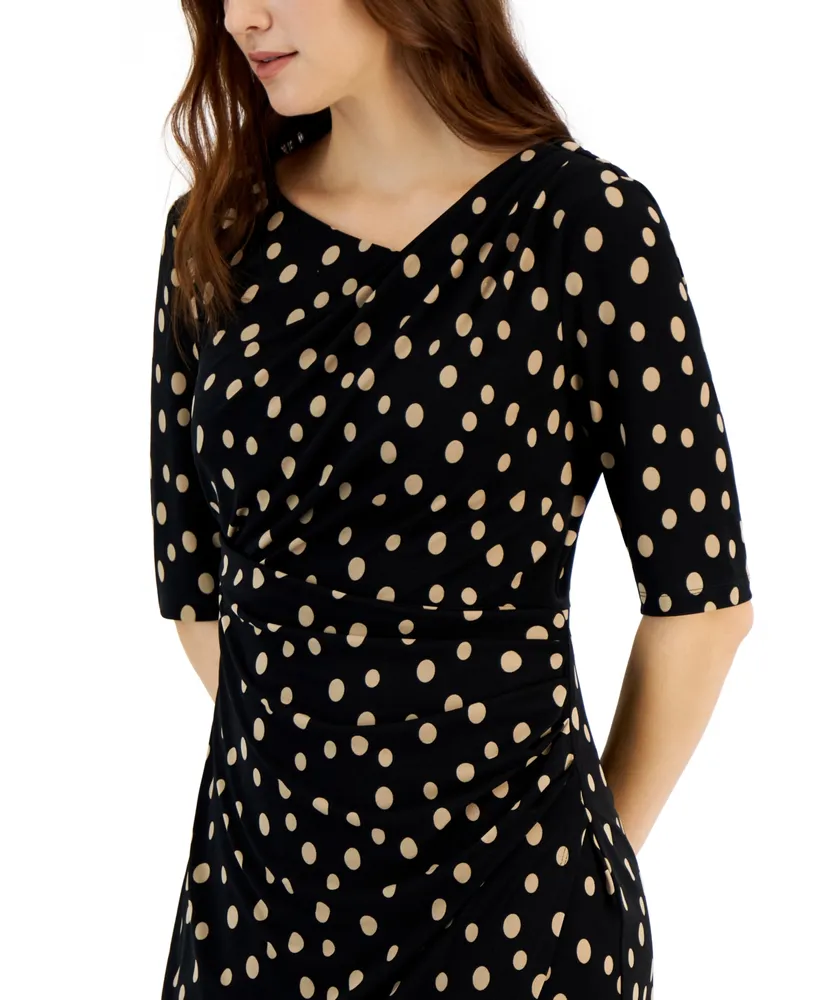Connected Women's Dot-Print Asymmetrical-Neck Faux-Wrap Dress
