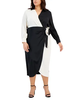 Anne Klein Plus Colorblocked Wrap Midi Dress
