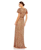 Mac Duggal Women's Sequined Wrap Over Butterfly Sleeve Draped Gown