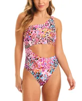 Jessica Simpson Women's Abstract-Print One-Shoulder Swimsuit