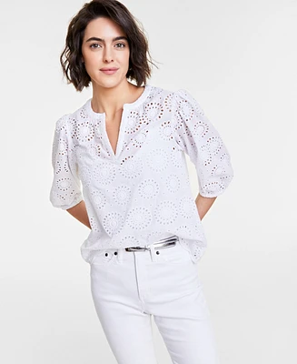 On 34th Women's Solid Eyelet Puff-Sleeve Blouse, Created for Macy's