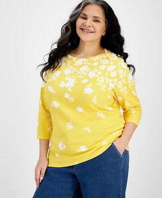 Style & Co Plus Printed Pima Cotton 3/4-Sleeve Top, Created for Macy's