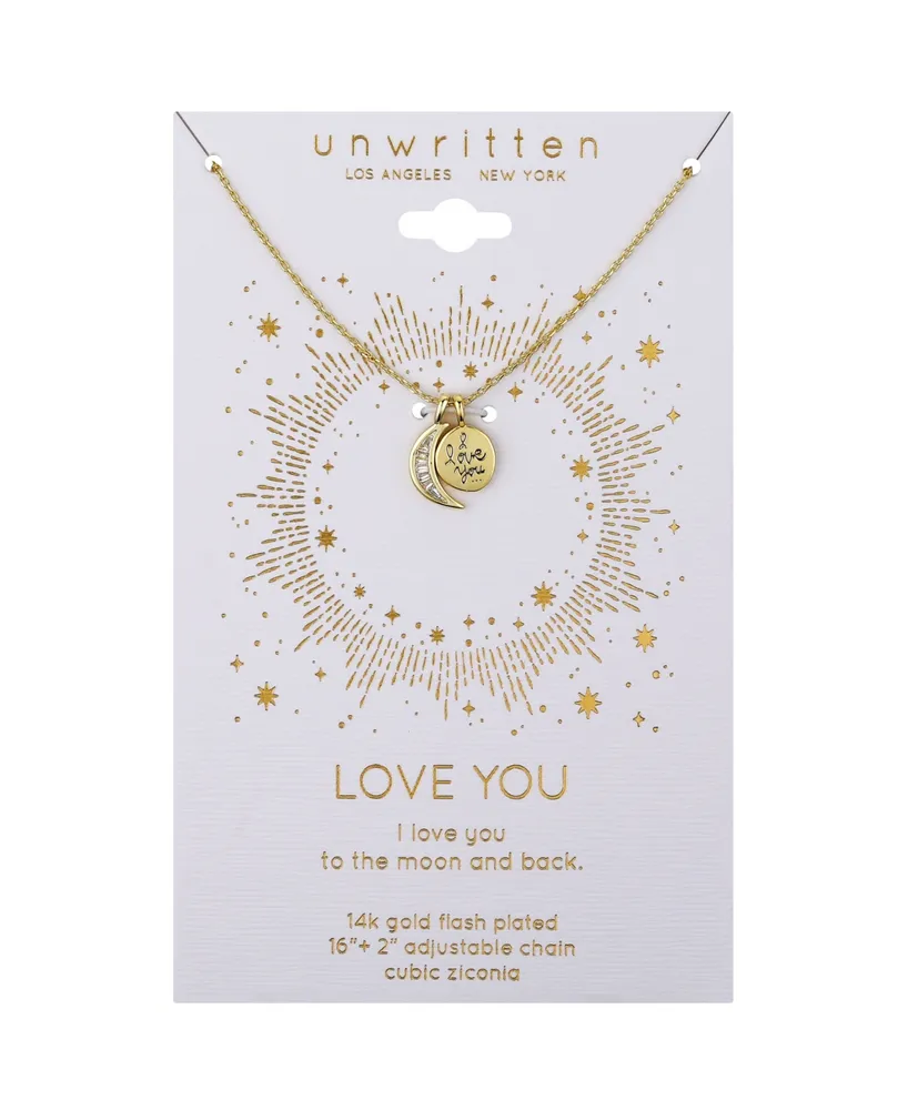 Unwritten Cubic Zirconia Moon and 14K Gold Flash Plated I Love You Pendant Necklace