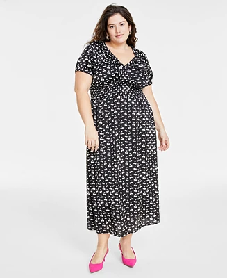 On 34th Trendy Plus Size Cherry Print Smocked Midi Dress, Created for Macy's