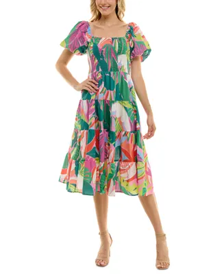Crystal Doll Juniors' Printed Tiered Puff-Sleeve Dress