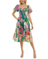 Crystal Doll Juniors' Printed Tiered Puff-Sleeve Dress