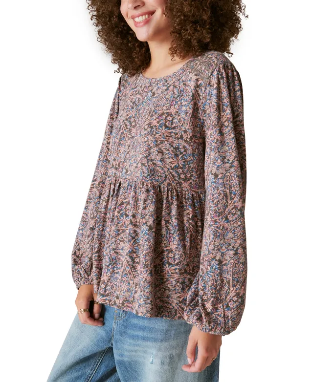 Lucky Brand Women's Cotton Printed Long-Sleeve Babydoll Top
