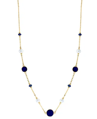 Effy Lapis Lazuli, Freshwater Pearl (4-1/2mm), & Sapphire (3/8 ct. t.w.) 17" Collar Necklace in 14k Gold
