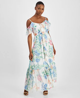 Guess Women's Floral-Print Ruffled Cold-Shoulder Tiered Maxi Dress