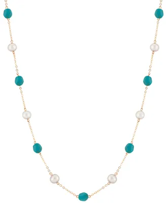 Turquoise & Freshwater Pearl (8 x 6mm) 18" Collar Necklace in 14k Gold