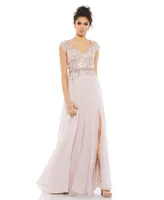 Women's Embellished Cap Sleeve Bodice Flowy Gown