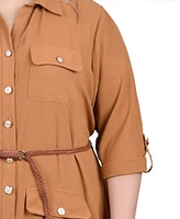 Ny Collection Plus 3/4 Sleeve Safari Style Belted Shirt Dress