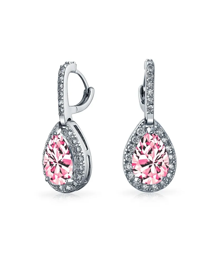 Bling Jewelry 7CT Style Halo Pink Cubic Zirconia Cz Formal Huggie Snap Hinge Dangle Drop Teardrop Earrings Bridesmaid Rhodium Plated